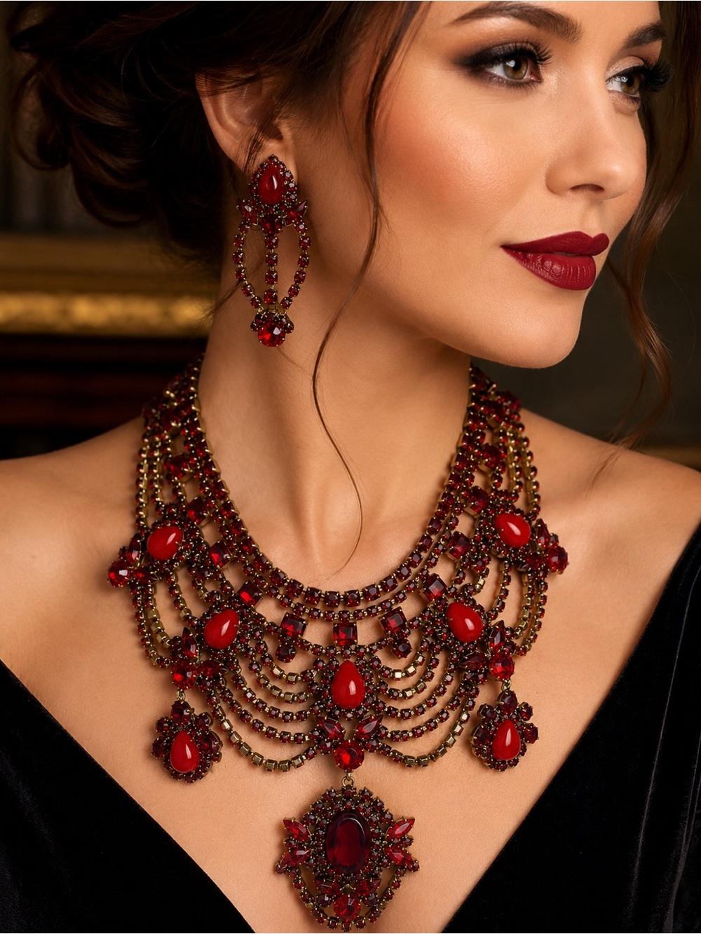Vintage Bijou M.G. Signed Red Rhinestone Statement Necklace & Earrings Set Bib